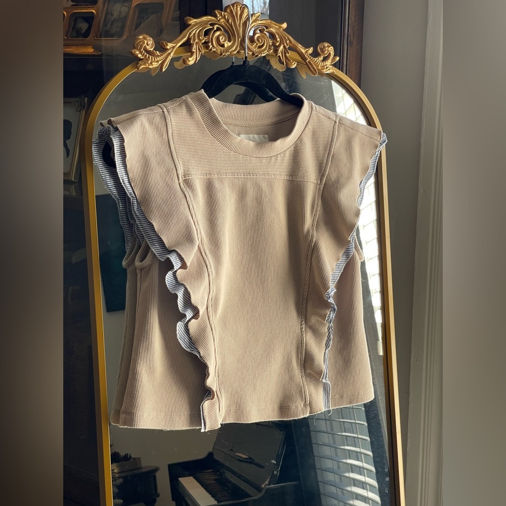 Anthropologie Tan with White and Blue Ruffle Sleeveless Menswear Popover Top